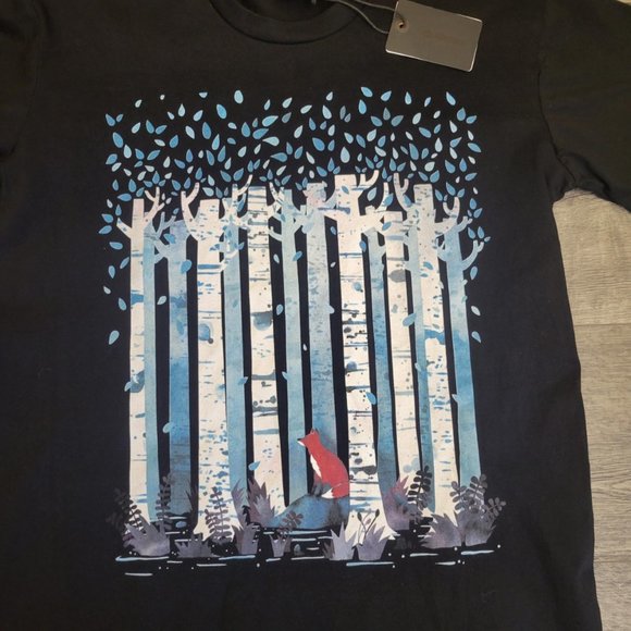 New Men’s Red Bubble T-Shirt Birches Red Fox Artist Little Clyde NWT Large Black - Picture 2 of 5